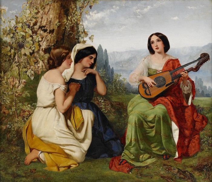 A romantic scene with girl playing lute (700x600, 139Kb)