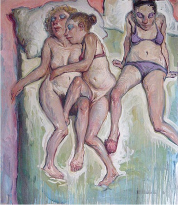 5496481_Pink_Fuzzy_Slipper_Three_Girls_Two_Pillows_2006_54_x_58_Charcoal_Ink__Oil_on_PVA_Coated_Paper_1_ (365x420, 93Kb)