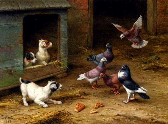 Hunt_Edgar_Puppies_And_Pigeons_Playing_By_A_Kennel (700x514, 395Kb)