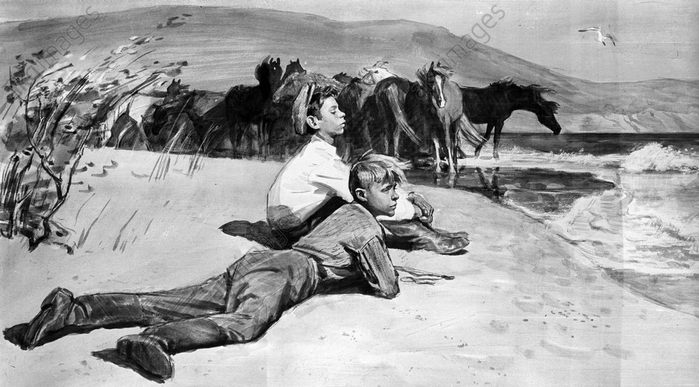 Цигаль ВикторIn Crimea. Dreamers’, by Viktor Tsigal. Black watercolor. 1957. Reproduction (700x387, 194Kb)