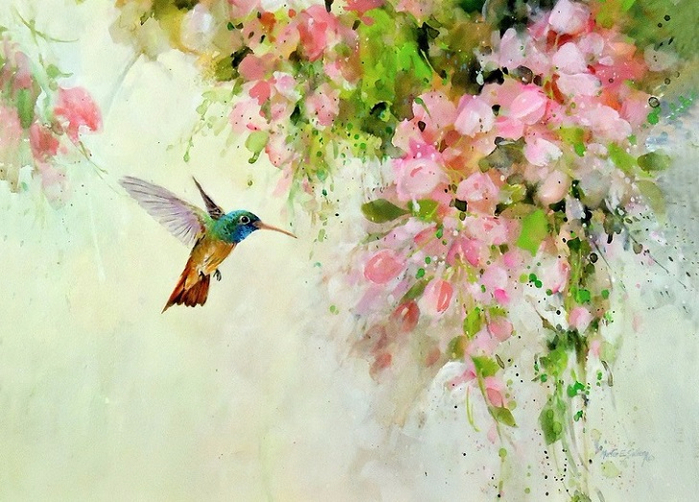 Hummingbird & Pink Flowers (700x502, 406Kb)
