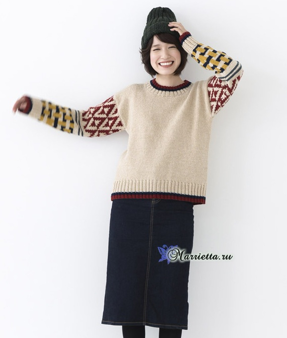 Пуловер спицами с рукавами жаккардовым узором (2) (570x671, 148Kb)