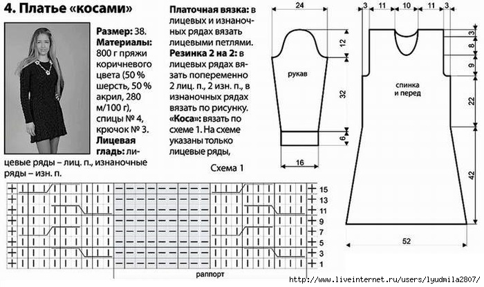 Вязаное платье косами спицами схема