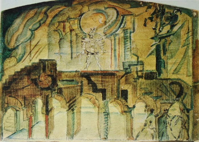 1920 Гамлет. Явление призрака. Эскиз декорации. «Гамлет» В.Шекспира, Театр РСФСР Первый»К, акв, гуашь 13х18,5 НГА (700x499, 221Kb)