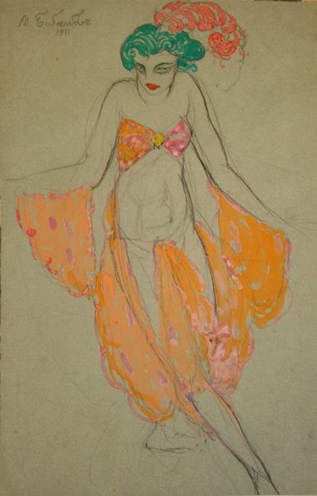 1911  Эскиз женского костюма. Бум, граф. кар, гуашь. 41,8 х 26,2 Гал Элизиум (447x700, 41Kb)