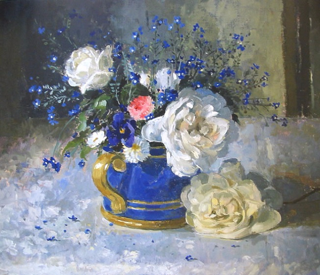 Rose Madame Alfred Carriere and Forget-me-nots (652x561, 374Kb)