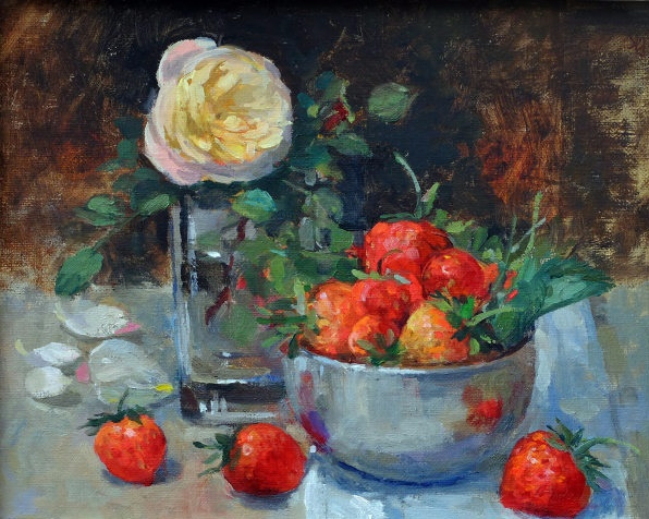 Strawberries In The Silver Dish And A Rose (596x476, 337Kb)