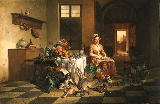 A maid seated in a kitchen by a table with flowers, with vegetables and dead fowl in the foreground, 1852 (548x359, 82Kb)