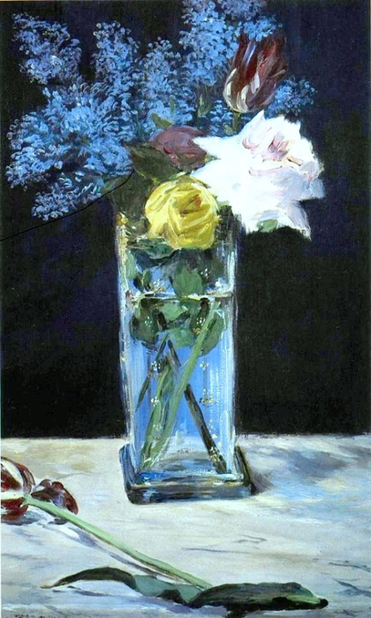 Édouard Manet Roses, tulips and lilacs in a vase of Christal. (420x700, 342Kb)