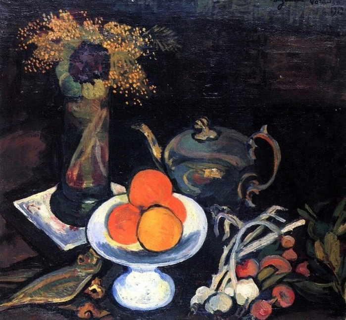 Still LIfe with Bowl of Fruit, Flowers and Onions (700x648, 484Kb)