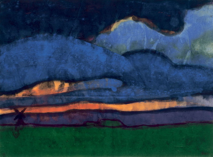 1920-1925 Marschlandschaft mit Mühle, Aquarell auf Japanpapier   (700x516, 106Kb)