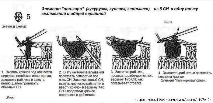 Узор спицами кукурузка схема и описание