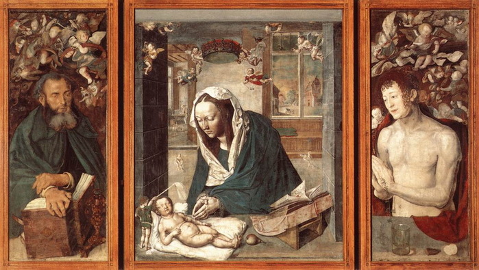 1496 Dresden Altarpiece by Dürer.  95 × 105,5, Flügel 112 × 43,5 cm  (700x395, 132Kb)