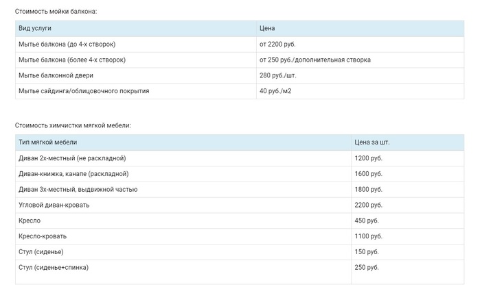 Прайс на клининговые услуги