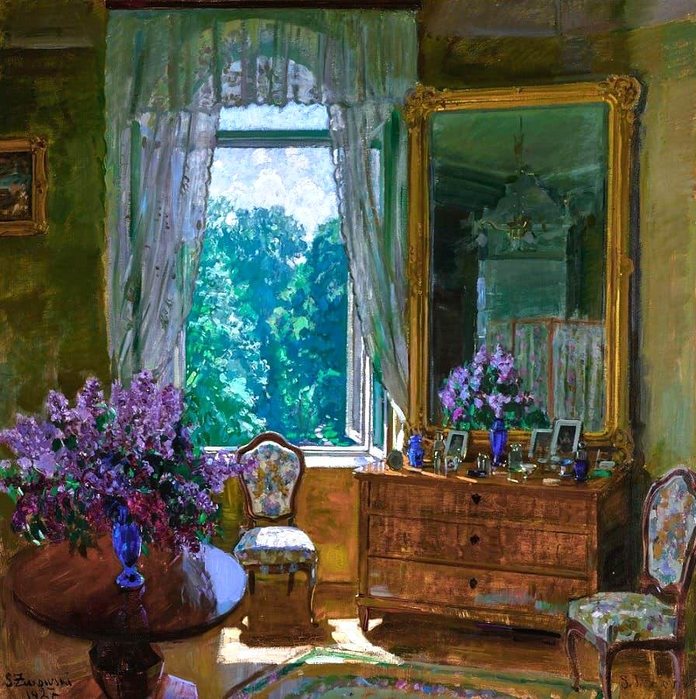 Interior with Lilacs, 1927 by Stanislav Zhukovsky (Polish-Russian, 1873–1944) (696x700, 610Kb)