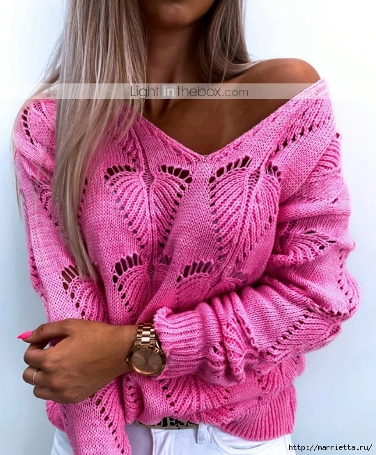 Пуловер спицами ажурным узором «Листик» - модный тренд сезона (4) (540x653, 287Kb)