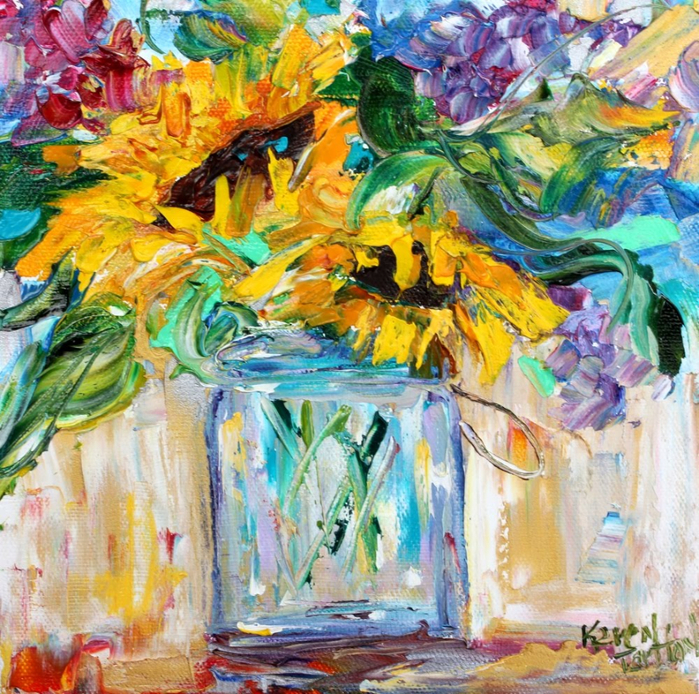 Sunflowers in Mason Jar painting palette knife fine art impressionism flowers by Karen Tarlton Etsy 016i (700x694, 701Kb)