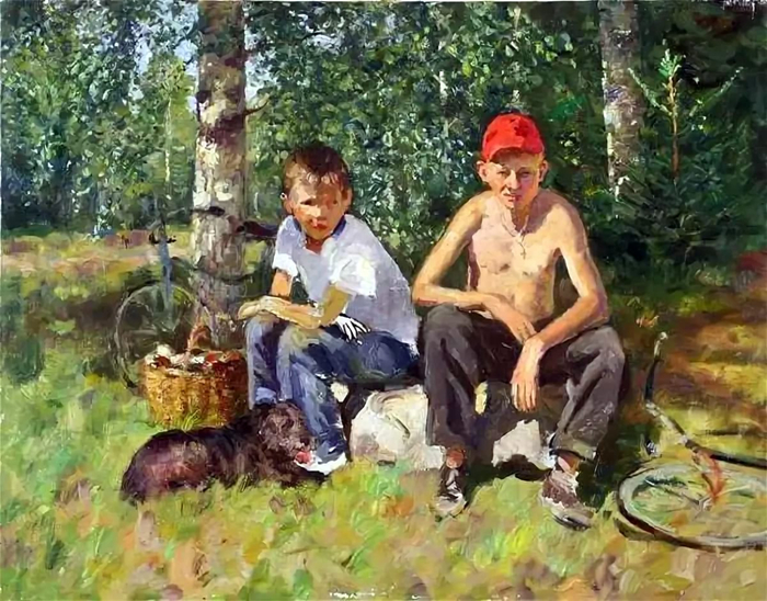 Мальчики в лесу рисунок