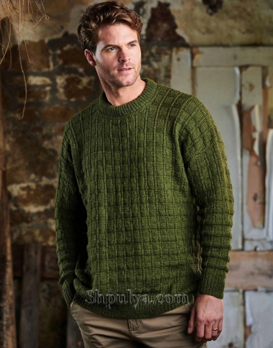 Мужской пуловер с меланжевой вставкой с косами вязаный спицами 377