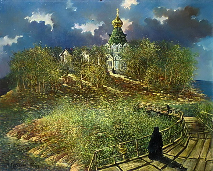 original Монахиня идущая по мостику в храм (живопись) художник Анатолий Куршин (700x562, 208Kb)
