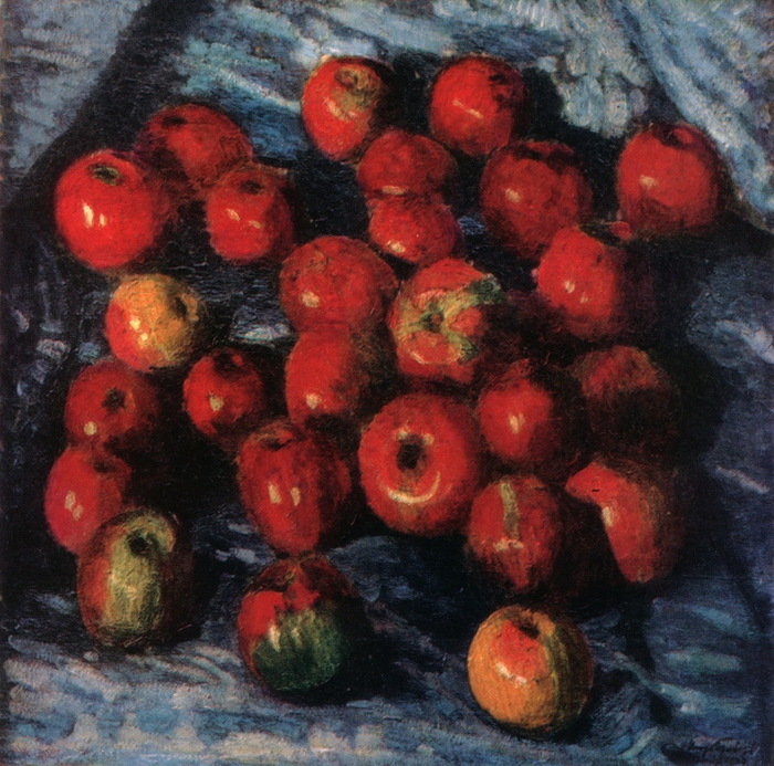 1920 Красные яблоки на синей скатерти. Х.,м. 82x82 ЧС (700x693, 185Kb)
