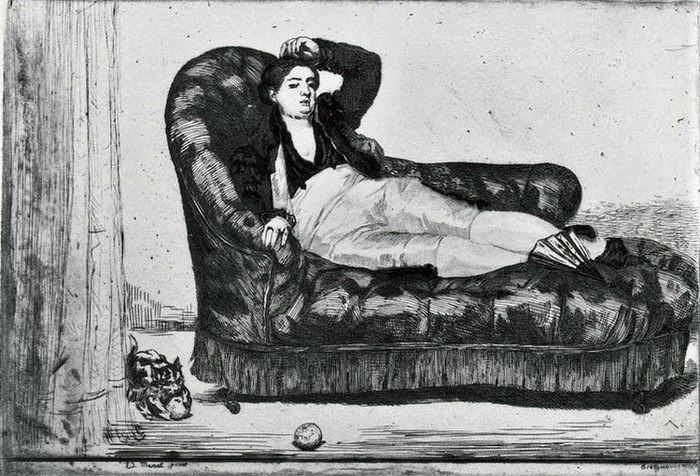 1863 Reclining, in Spanish Costume (after Manet), etch, 30×42, Yale New Haven  (700x476, 151Kb)