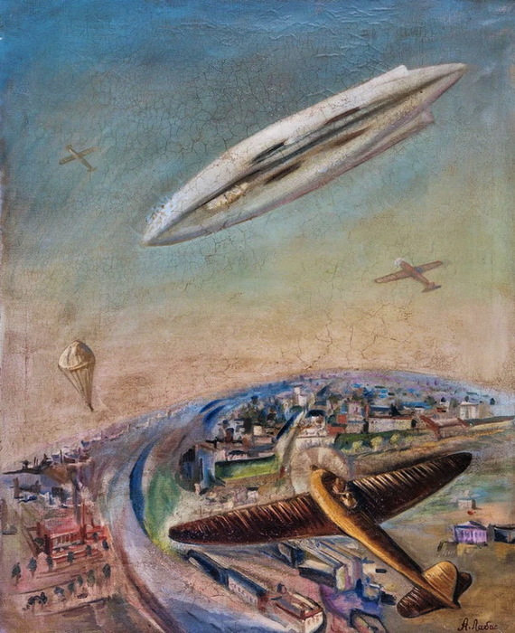 1930- Sky with zeppelin, airplanes and parachute. .. . , . 97.5 x 80 cm.  (570x700, 166Kb)