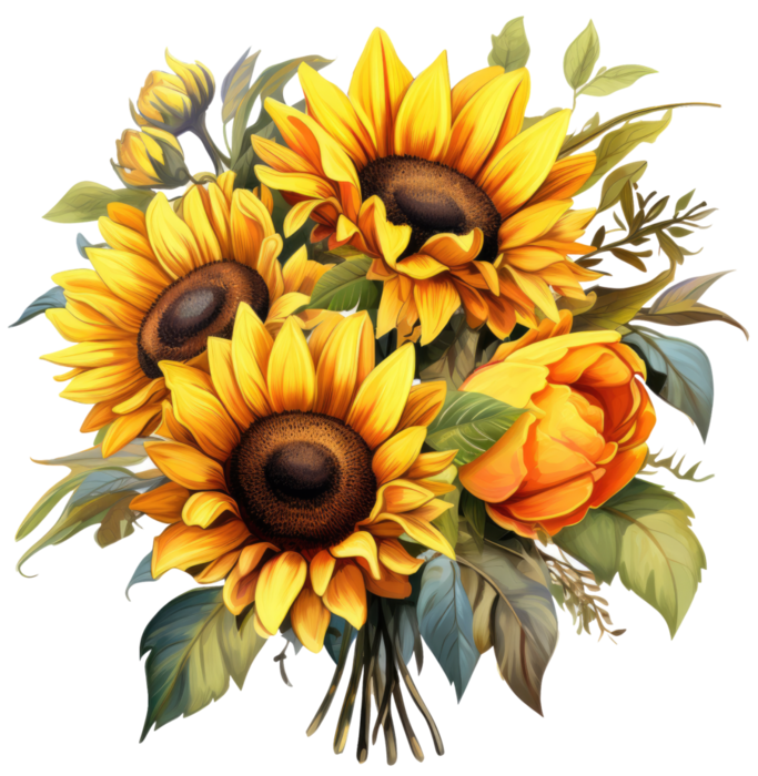 4 Sunflowers Bouquets Clipart PNG (683x700, 631Kb)
