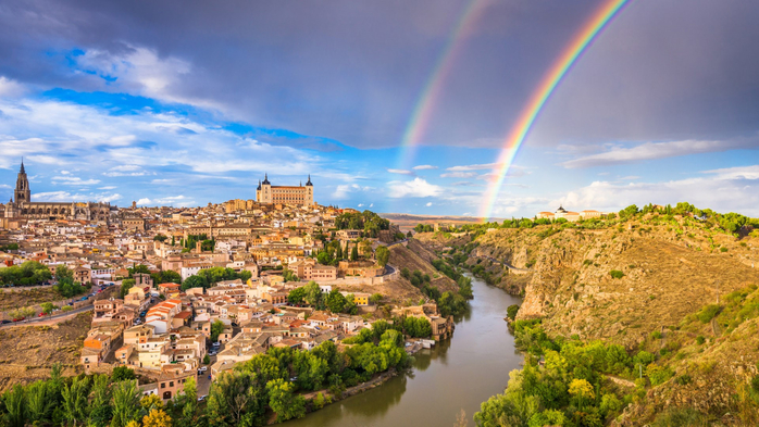 Old town skyline with a rainbow, Toledo, Spain (700x393, 389Kb)