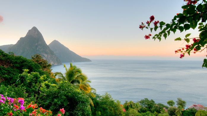 Panoramic view of Saint Lucia's Twin Pitons at sunrise, Caribbean (700x393, 343Kb)