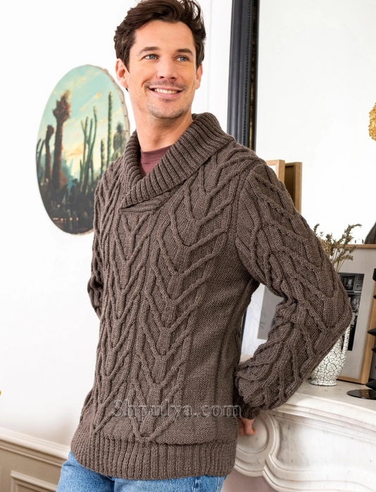 Вязаный узорчатый пуловер с отложным воротником