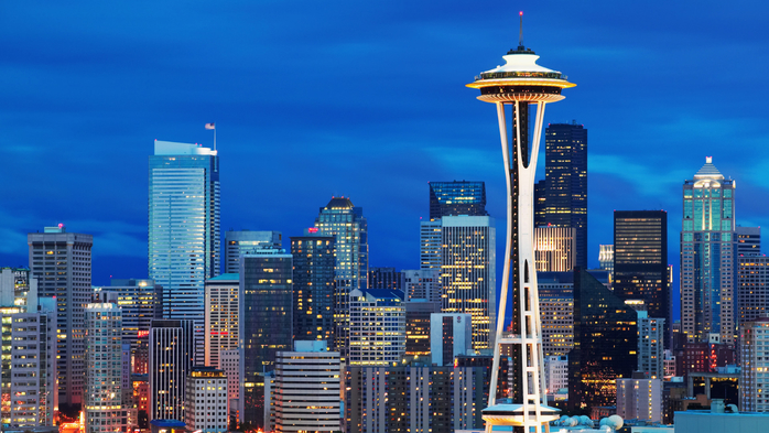 City skyline at dusk, Seattle Space Needle blue hour, Washington, USA (700x393, 386Kb)