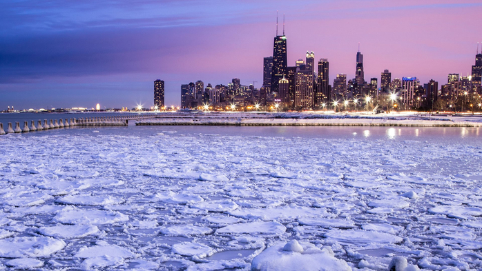 City skyline seen across icy harbor, Chicago, Illinois, USA (700x393, 378Kb)