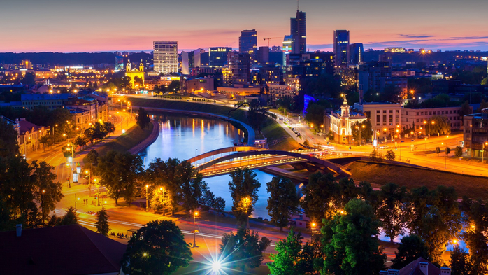 Cityscape view of New Center of Vilnius with Neris river from Gediminas Tower at night, Lithuania (700x393, 440Kb)