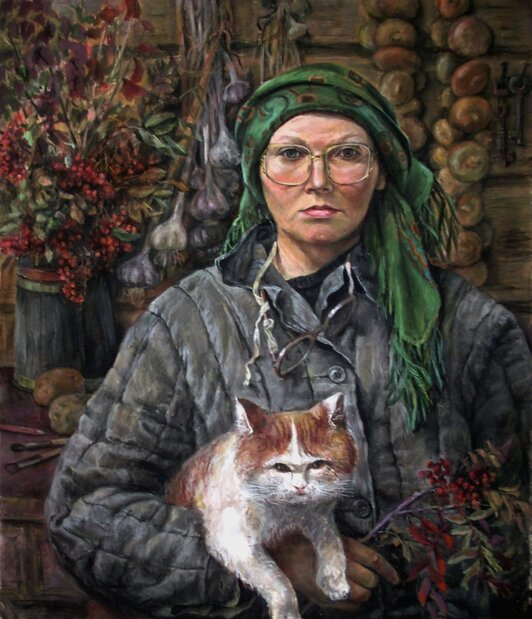Панкратьева В  Автопортрет на даче с котом  Прокопием. (532x619, 253Kb)