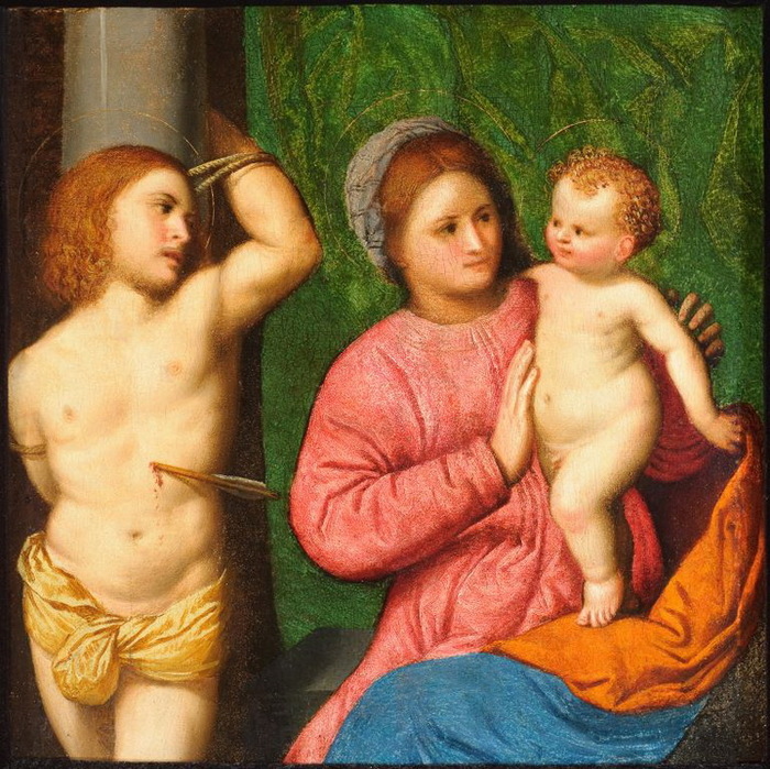 1518 Madonna and Child with Saint Sebastian. , . 42.6  42.3 . (700x699, 214Kb)