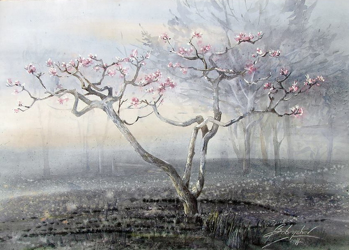 0-Александр Бобрышев - цветущий персик в утреннем тумане-крымская весна (700x503, 346Kb)