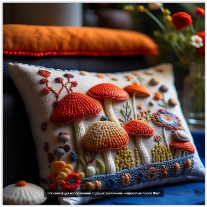 Потрясающие подушки с объемной вышивкой грибов и цветов - идеи от ИИ для вас!