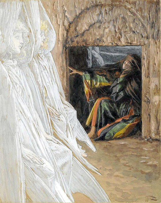Джеймс Тиссо Мария Магдалина распрашивает ангелов у гроба (553x700, 476Kb)