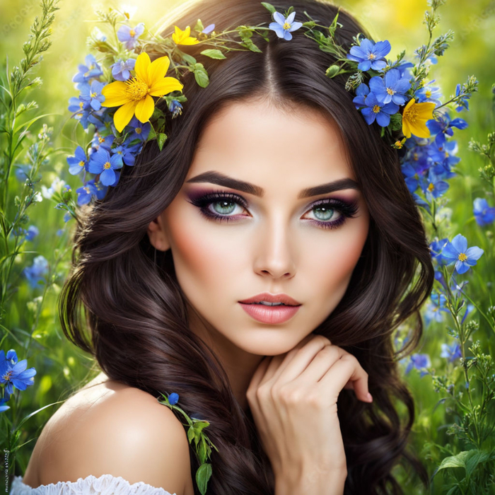 charming-brunette-girl-beautiful-makeup-in-a-clearing-with-wildflowers-fantasy-art (700x700, 558Kb)