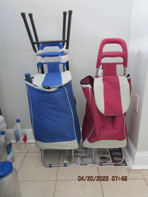 FOTarava1 Photo 60. On the right is a red stroller with a broken stop. On the left is a new blue stroller. (I attached a black round stool to the back of the blue stroller.) (480x640, 58Kb)