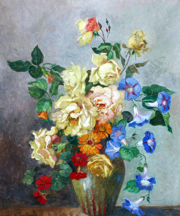 12-Stephanie von Trauttweiller (Austrian, born 1888) Roses, Convulvuli and Nastutiums in a vase (581x700, 562Kb)
