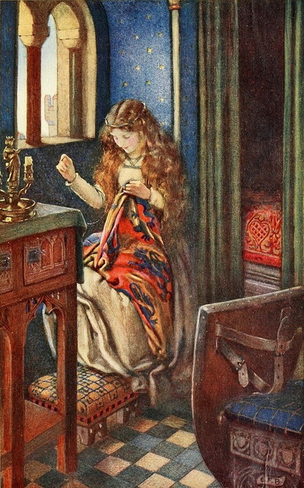 1911 12 Elaine Sewing a Cover for Lancelot's Shield 2 (435x700, 172Kb)