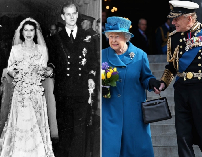 Queen Elizabeth II and The Duke of Edinburgh pictured on their wedding day 1947 and earlier this year.