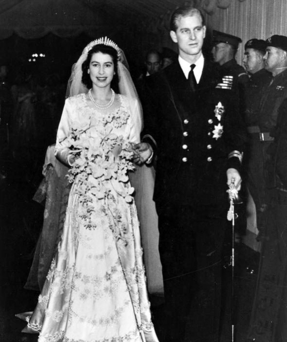 Queen Elizabeth II, as Princess Elizabeth, and her husband the Duke of Edinburgh, on their wedding day in 1947.
