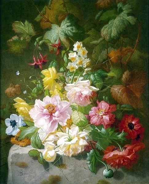 Arnoldus Bloemers - A still life with roses, marigolds and daffodils
