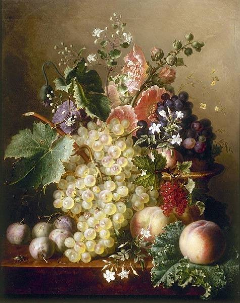 Ange-Louis-Guillaume Lesourd-Beauregard - A still life with grapes, peaches and hollyho