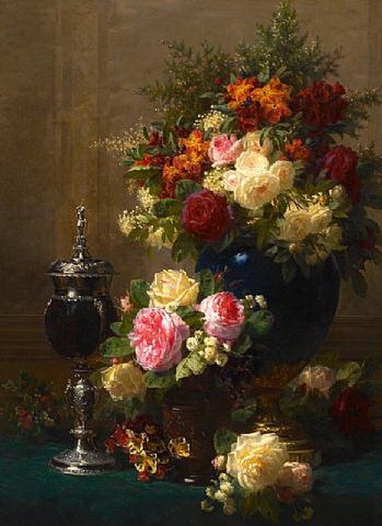Jean-Baptiste Robie, Still Life of Flowers and Coconut Chalice