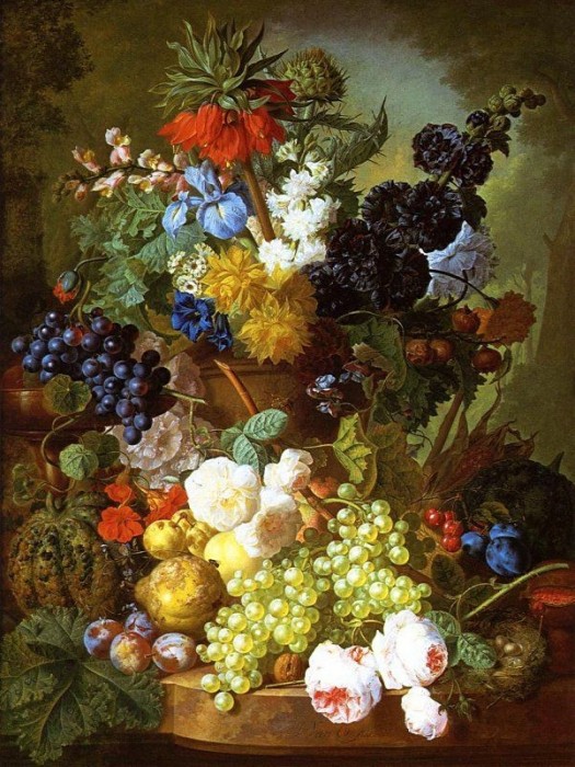 Jan van Os: Still Life of Flowers, Fruit and Bird's Nest