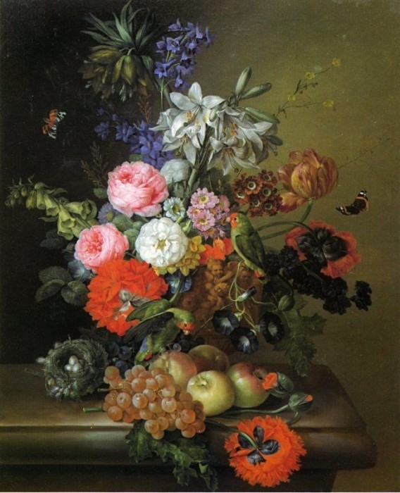 Franz Xaver Petter: Still Life with Flowers, Parakeets and Butterflies